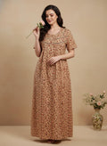 Bahumaan Cotton Nighty for Women – Floral Print Peach Full Length Maxi Dress with Pocket