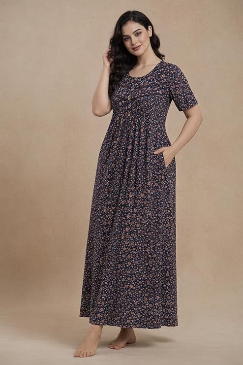 Bahumaan Cotton Nighty for Women – Floral Print Blue Full Length Maxi Dress with Pocket