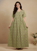 Bahumaan Cotton Nighty for Women – Floral Print Green Full Length Maxi Dress with Pocket