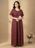 Bahumaan Cotton Nighty for Women – Floral Print Maroon Full Length Maxi Dress with Pocket