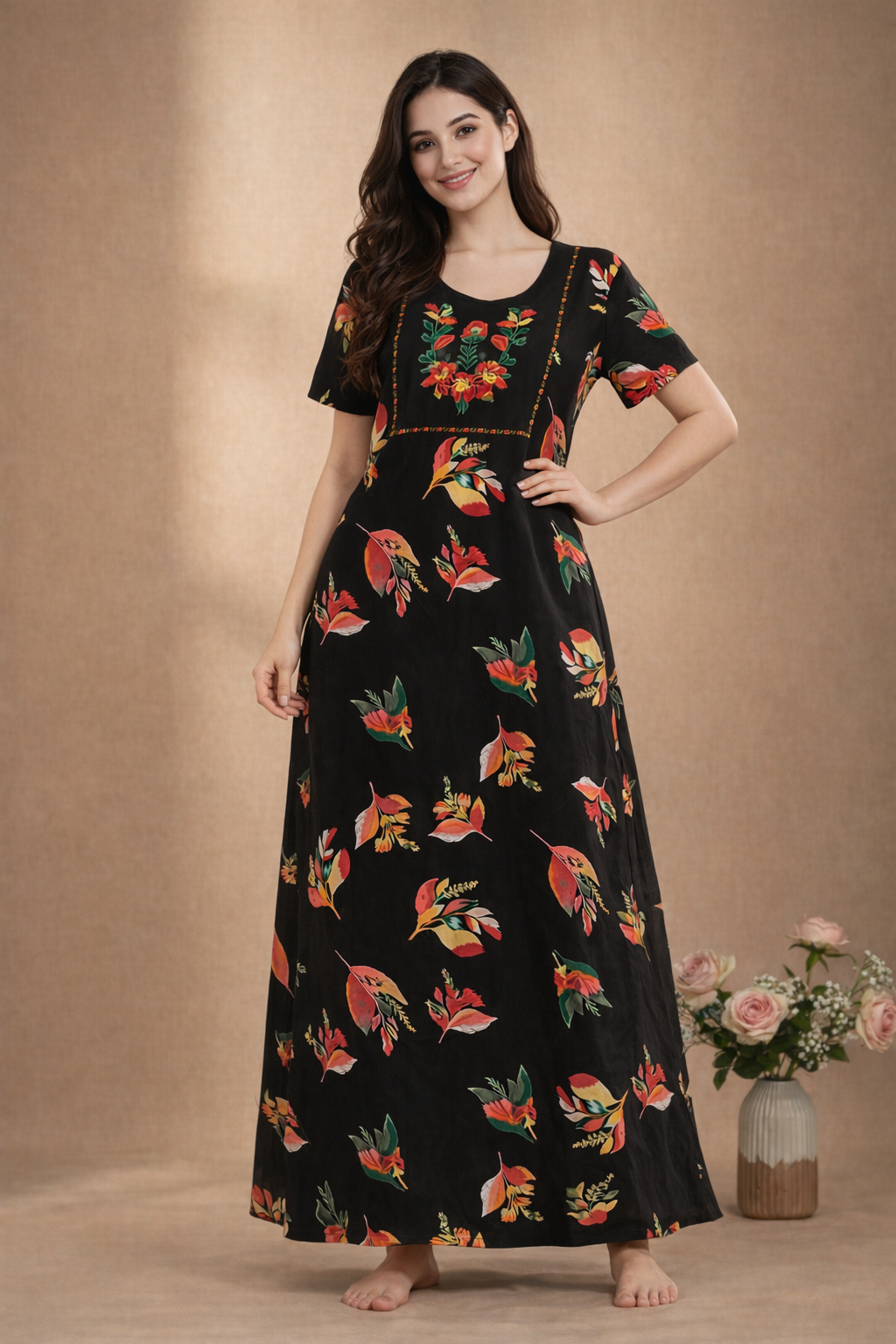Bahumaan Pure Cotton Nighty for Woman | Floral Gown for Women Nightwear with Pocket | Cotton Nighty for Women Stylish | Perfect for Daily Comfort | Maxi Women