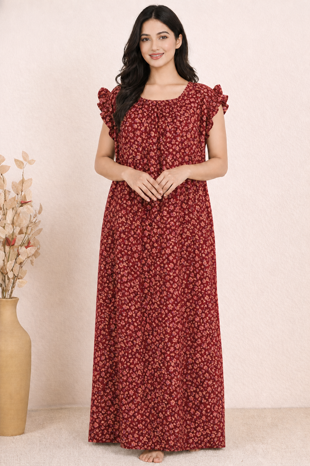 Bahumaan Pure Cotton Nighty for Women with Flutter Sleeves | Floral Gown for Women Night Wear with Pocket | Cotton Nighty for Women Stylish | Maxi for Women Cotton