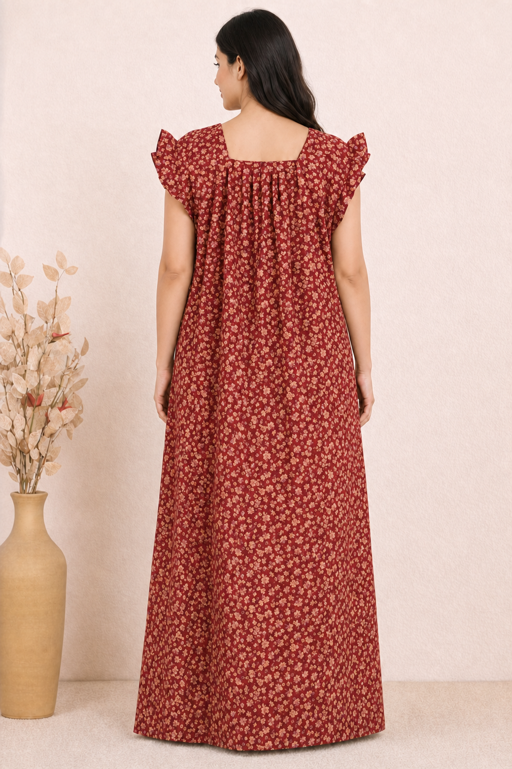 Bahumaan Pure Cotton Nighty for Women with Flutter Sleeves | Floral Gown for Women Night Wear with Pocket | Cotton Nighty for Women Stylish | Maxi for Women Cotton
