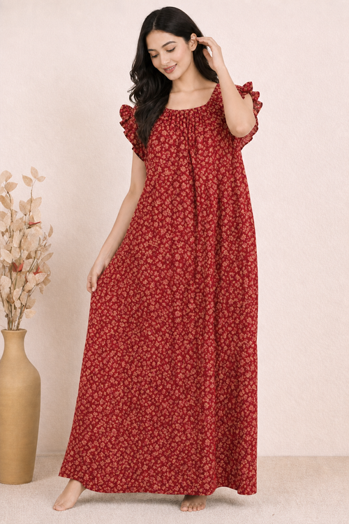 Bahumaan Pure Cotton Nighty for Women with Flutter Sleeves | Floral Gown for Women Night Wear with Pocket | Cotton Nighty for Women Stylish | Maxi for Women Cotton