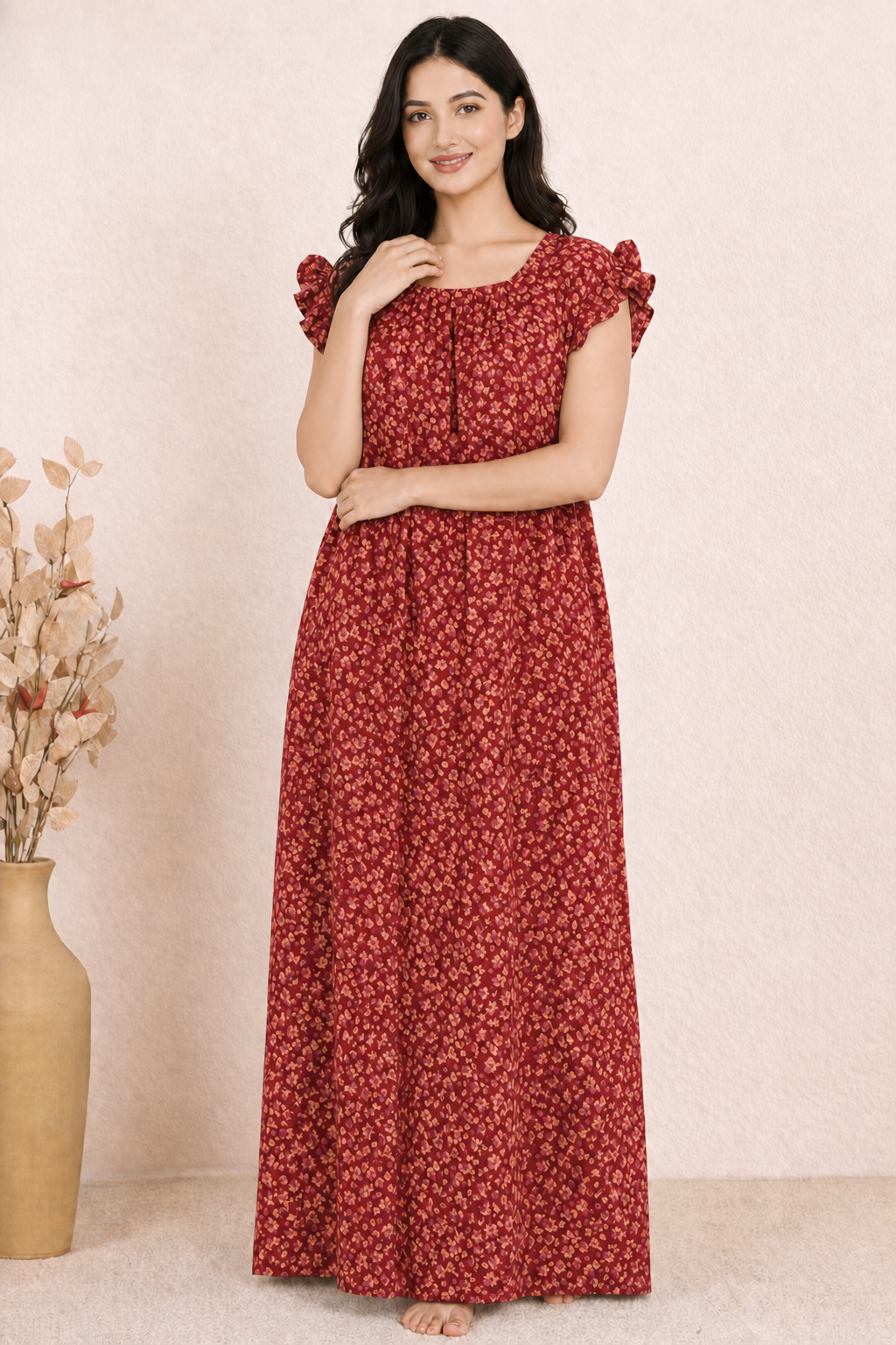 Bahumaan Pure Cotton Nighty for Women with Flutter Sleeves | Floral Gown for Women Night Wear with Pocket | Cotton Nighty for Women Stylish | Maxi for Women Cotton