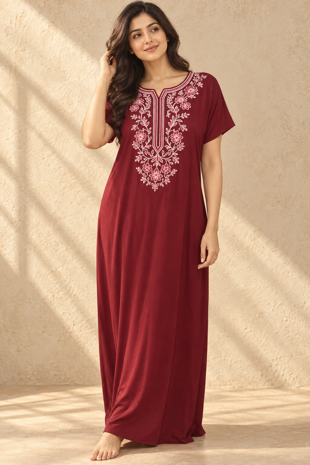 Bahumaan Maroon Embroidered Alpine Nighty for Woman with Pockets