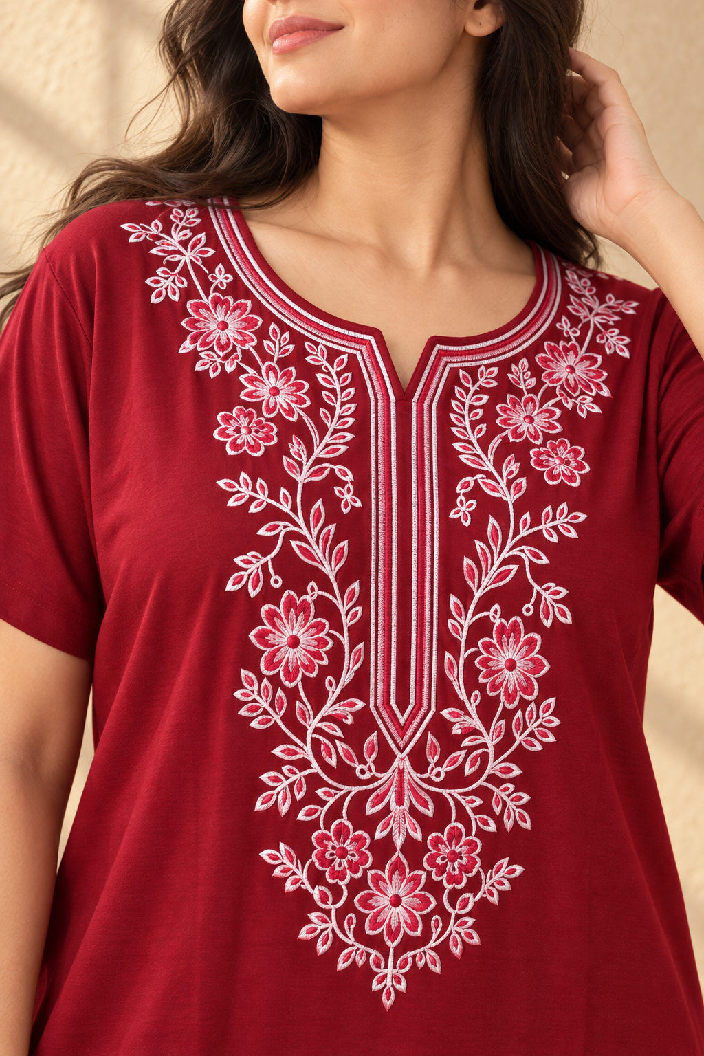 Bahumaan Maroon Embroidered Alpine Nighty for Woman with Pockets