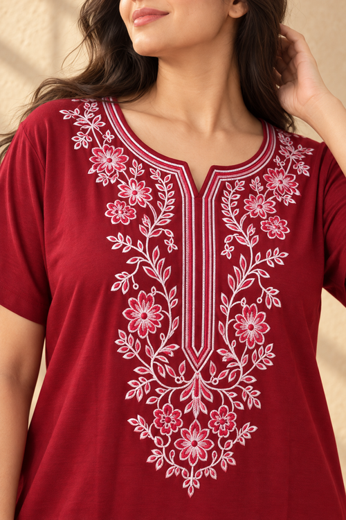 Bahumaan Maroon Embroidered Alpine Nighty for Woman with Pockets