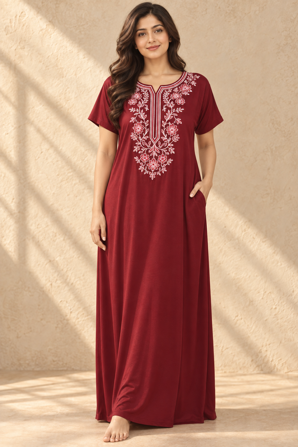 Bahumaan Maroon Embroidered Alpine Nighty for Woman with Pockets
