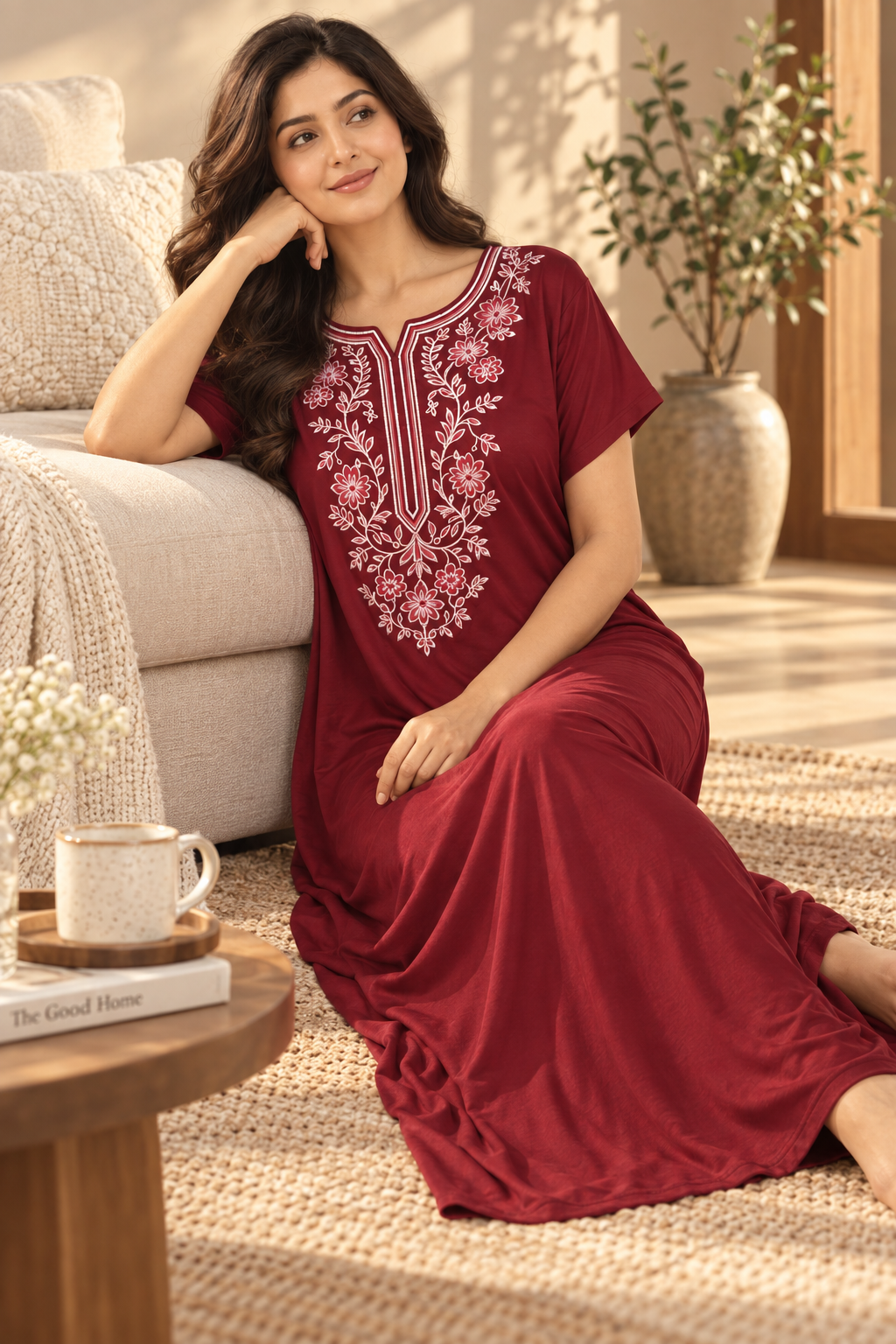 Bahumaan Maroon Embroidered Alpine Nighty for Woman with Pockets