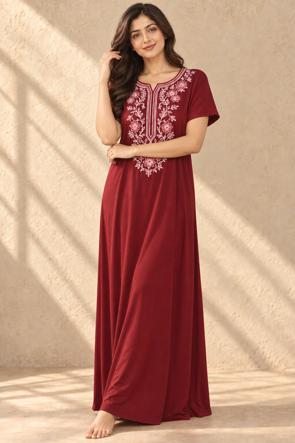 Bahumaan Maroon Embroidered Alpine Nighty for Woman with Pockets