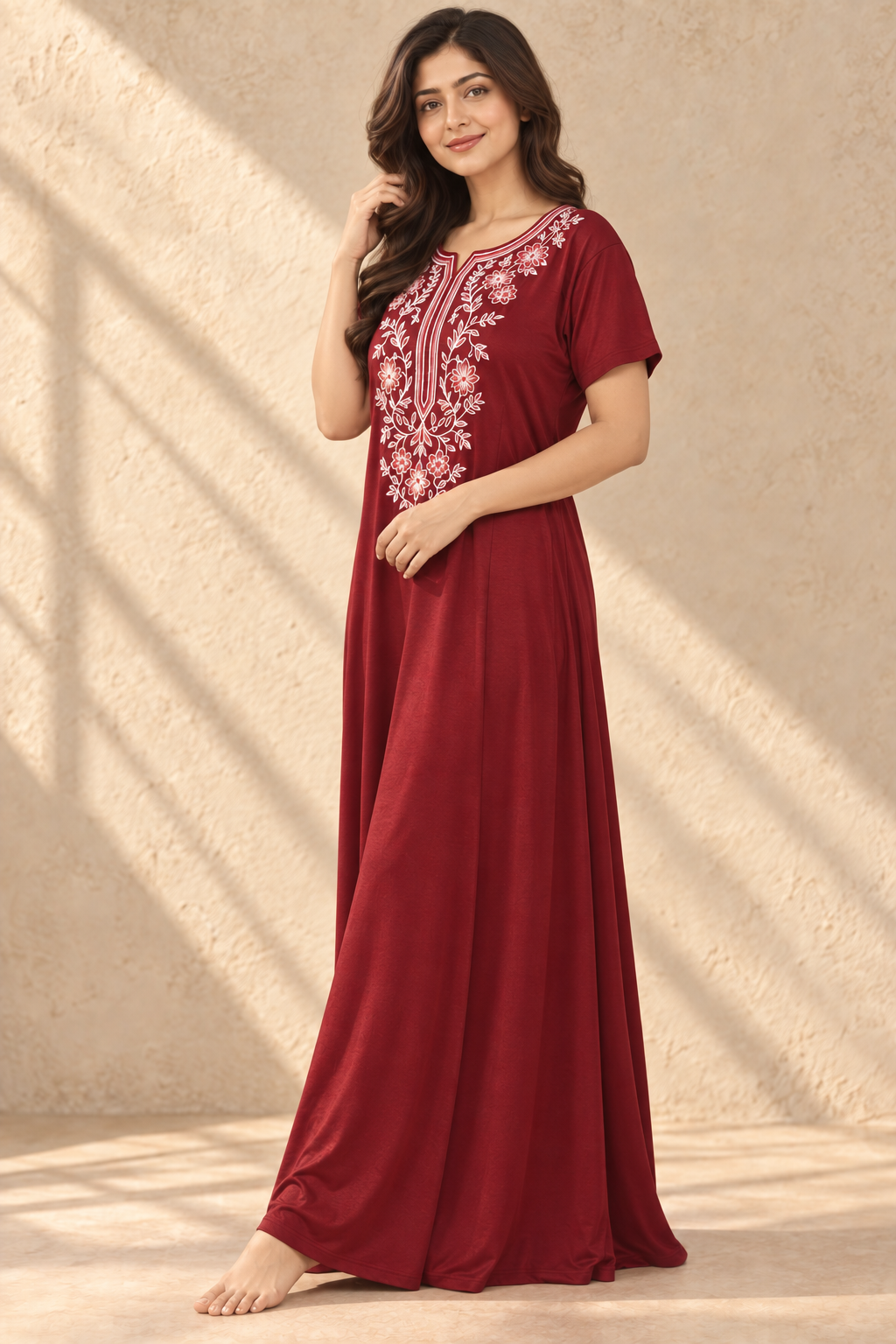 Bahumaan Maroon Embroidered Alpine Nighty for Woman with Pockets