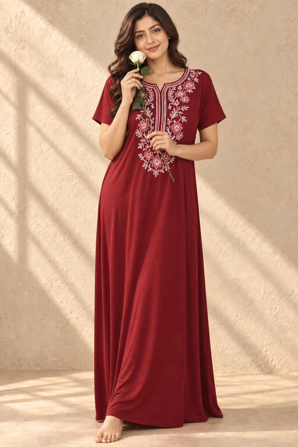 Bahumaan Maroon Embroidered Alpine Nighty for Woman with Pockets