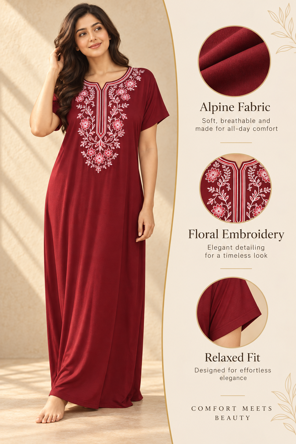 Bahumaan Maroon Embroidered Alpine Nighty for Woman with Pockets