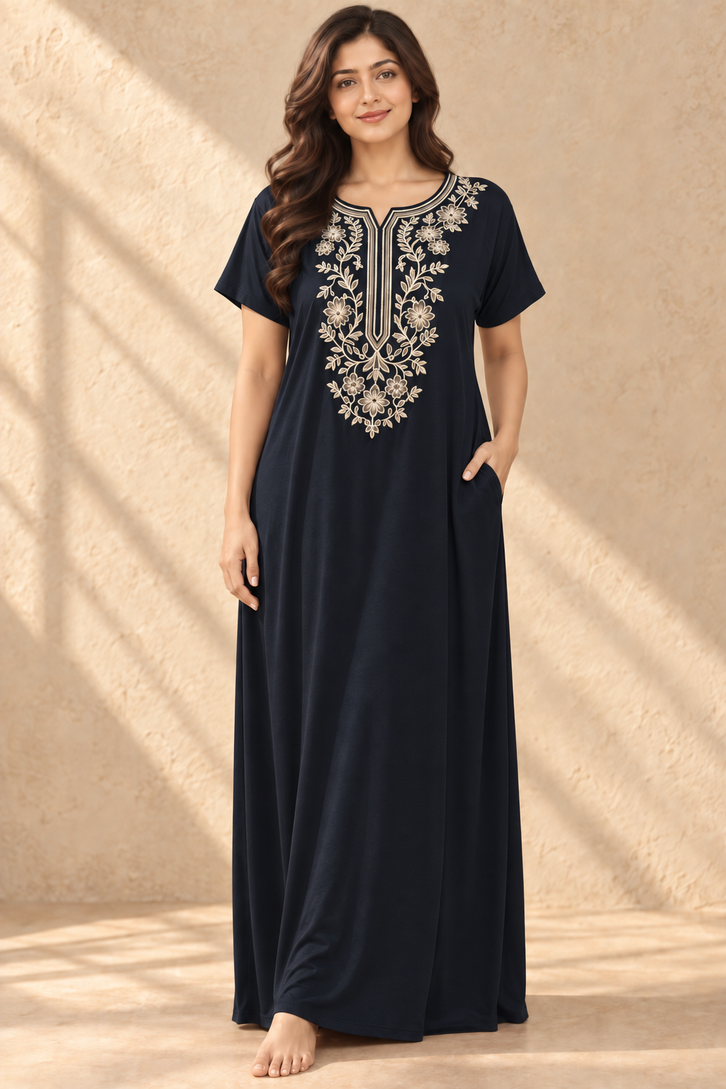 Bahumaan Black Embroidered Alpine Nighty for Woman with Pockets