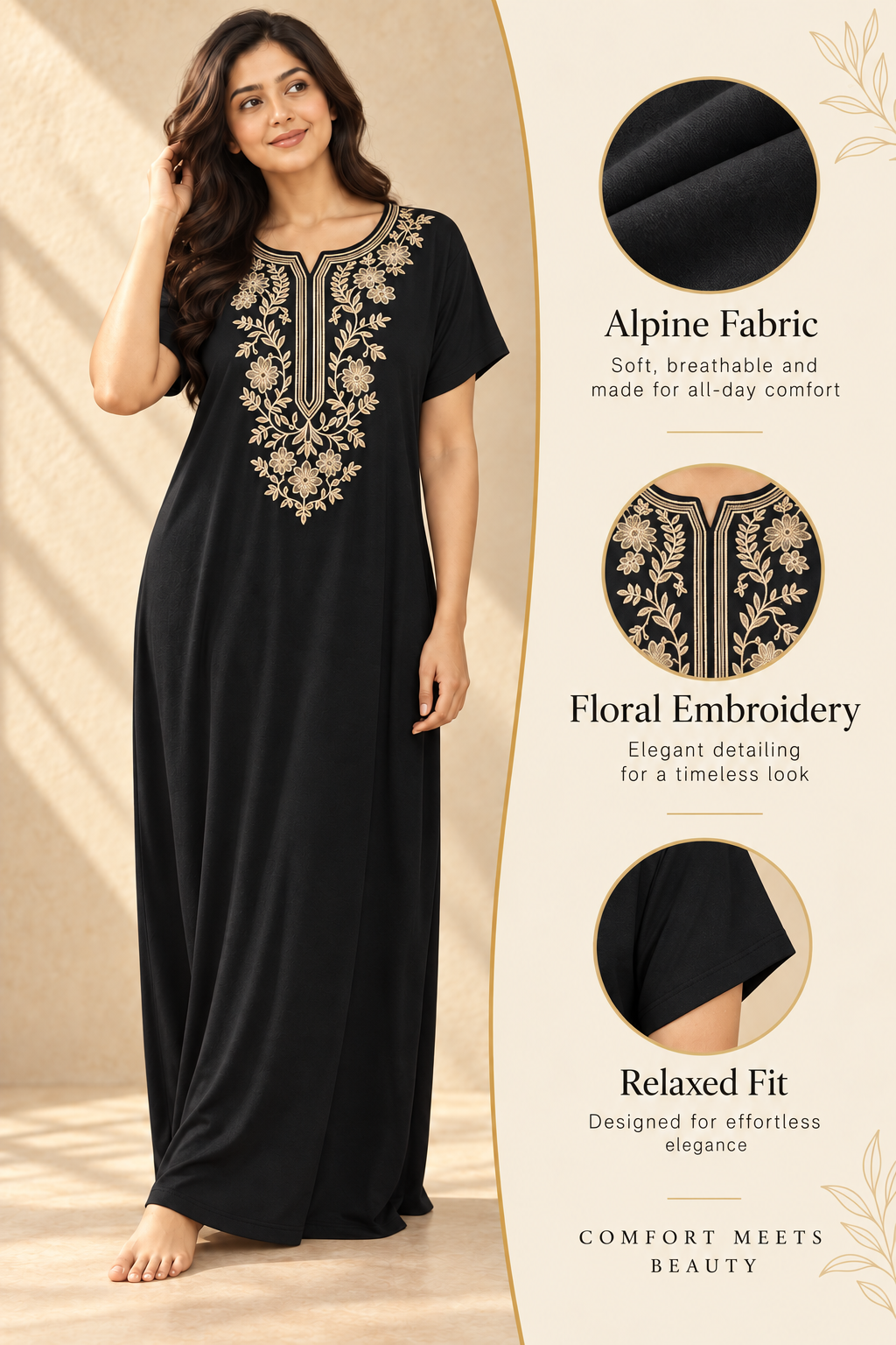 Bahumaan Black Embroidered Alpine Nighty for Woman with Pockets