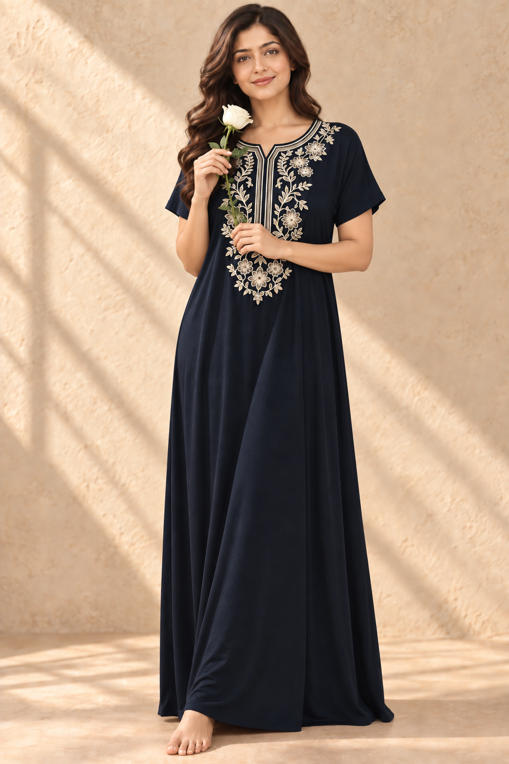 Bahumaan Black Embroidered Alpine Nighty for Woman with Pockets