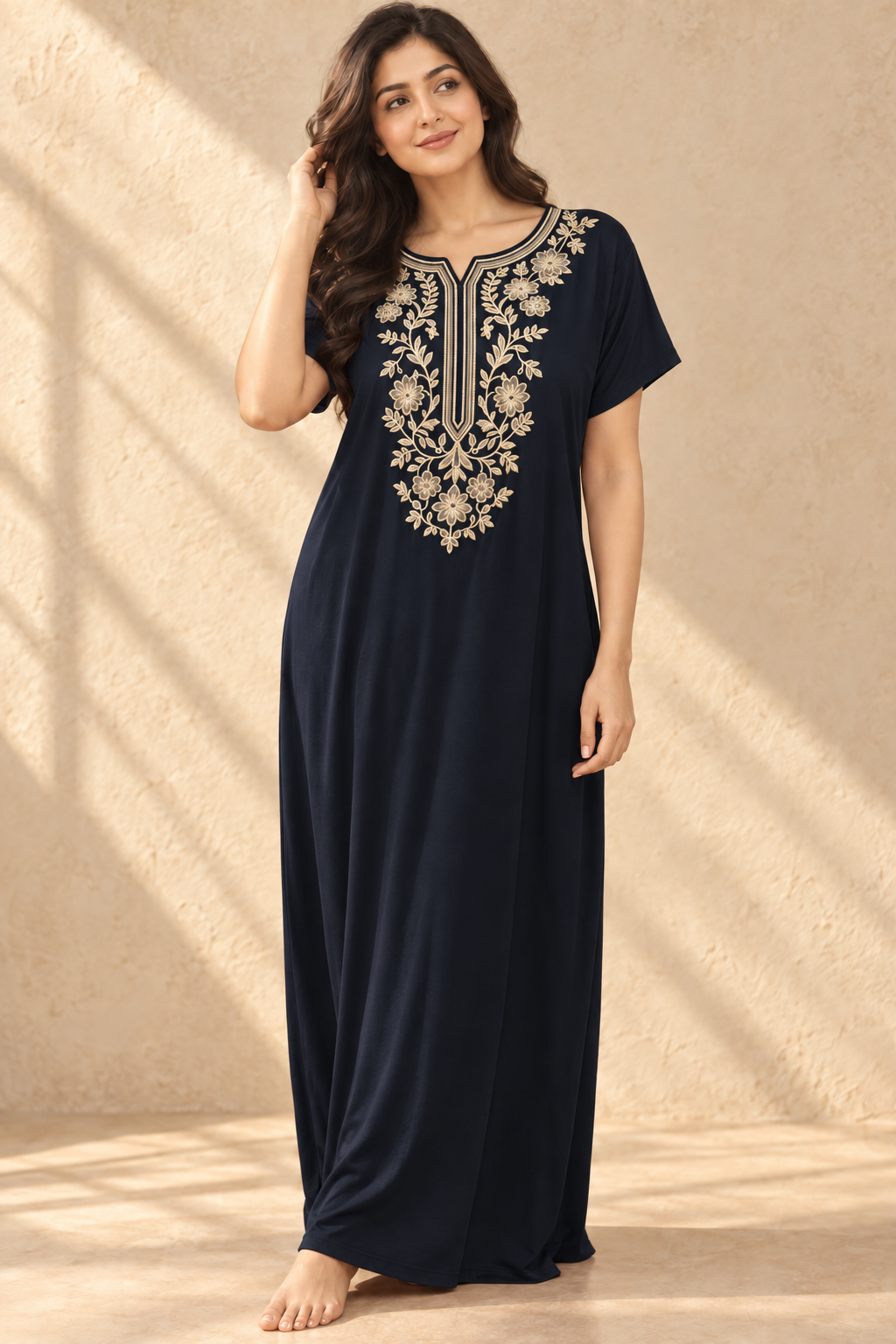 Bahumaan Black Embroidered Alpine Nighty for Woman with Pockets