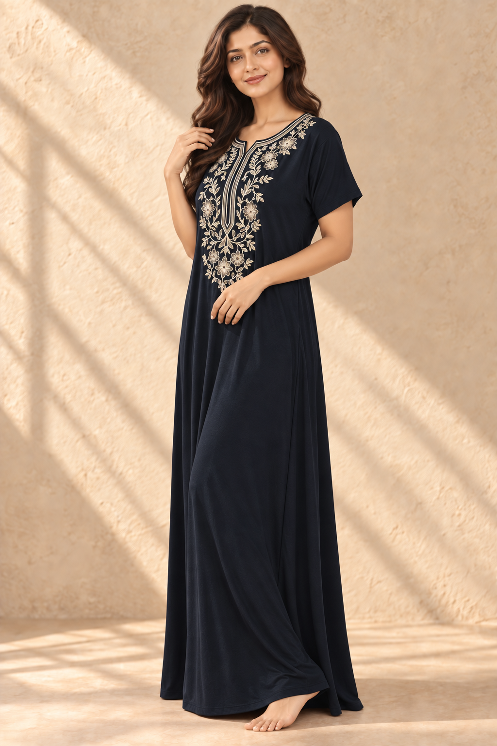 Bahumaan Black Embroidered Alpine Nighty for Woman with Pockets