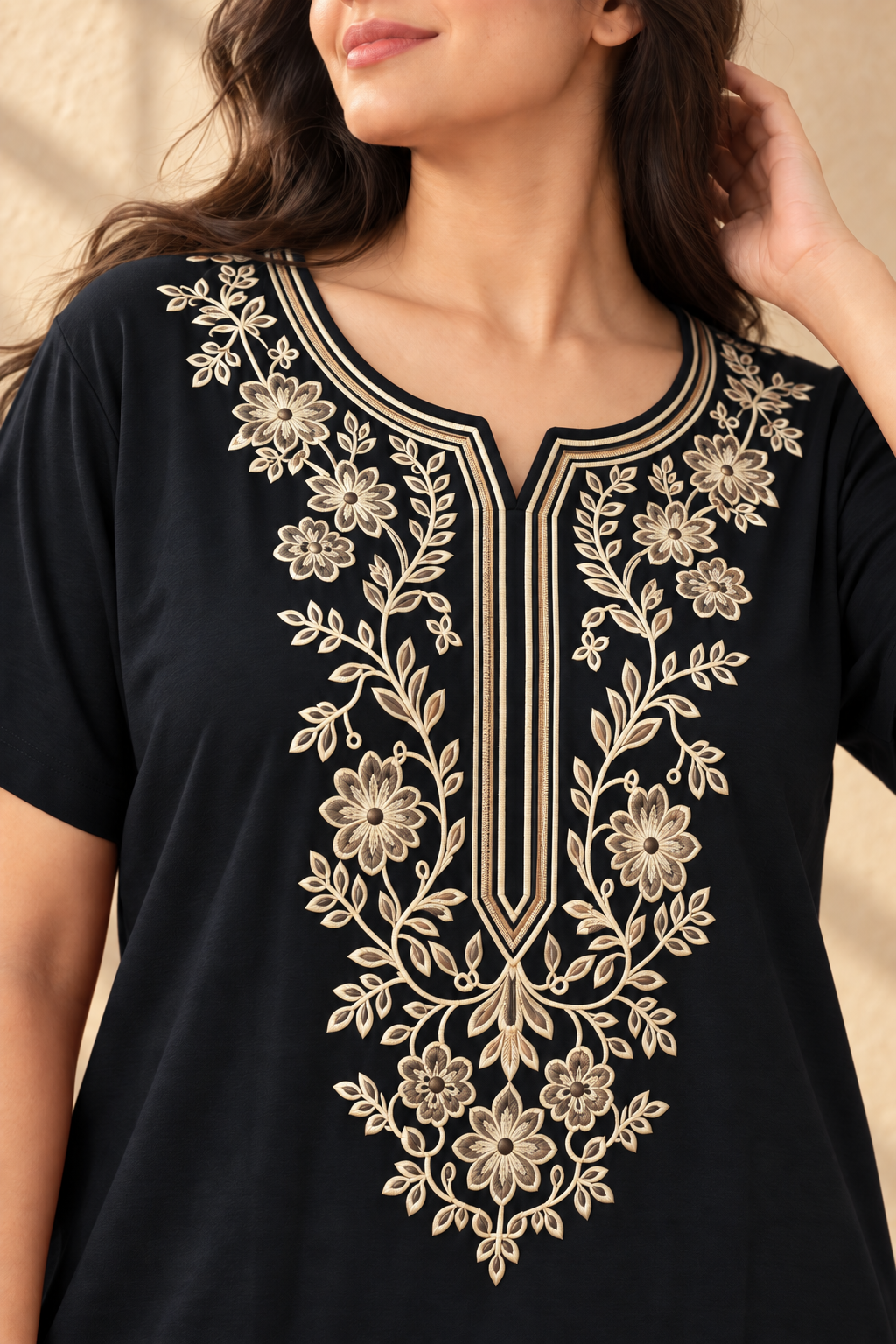 Bahumaan Black Embroidered Alpine Nighty for Woman with Pockets