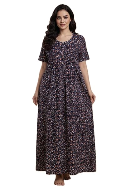 Bahumaan Cotton Nighty for Women Full Length Stylish | Floral Print Cotton Maxi Dress for Women with Pocket | Sleepwear Gown for Women