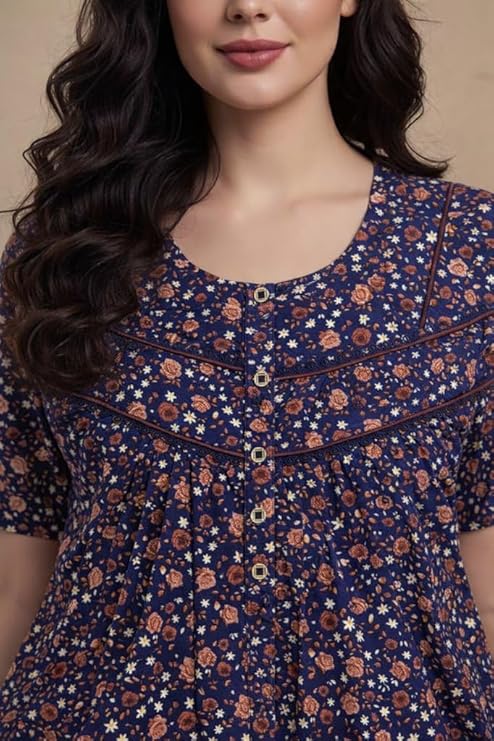Bahumaan Cotton Nighty for Women Full Length Stylish | Floral Print Cotton Maxi Dress for Women with Pocket | Sleepwear Gown for Women